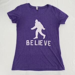 Bella Girls Graphic T-Shirt Purple White Heathered Bigfoot Belief Crew Neck L